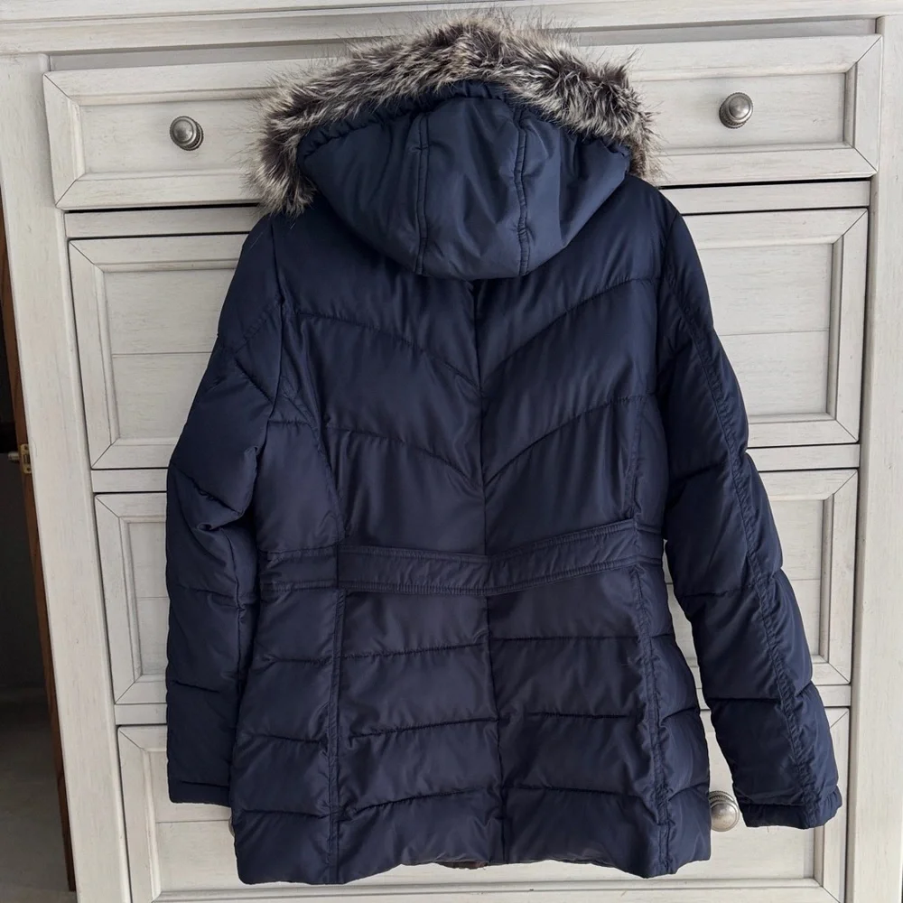 Chaps Dark Blue Puffer Jacket with Faux Fur Trim Hood SZ Large